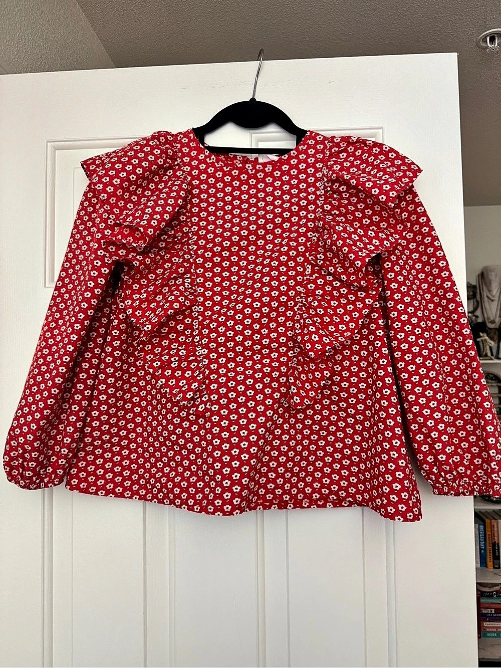 J.Crew Floral Ruffle Blouse in Red & White Size Large